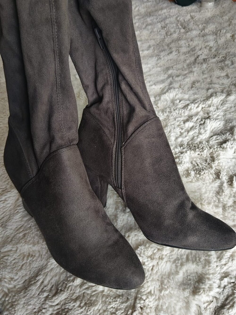 Call It Spring Charcoal Faux Suede Over The Knee Boots Block Heel Back Tie